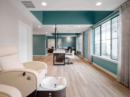 Interior view of a salon area with seating