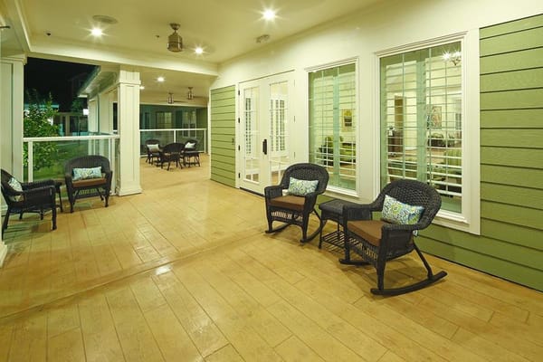 Outdoor seating area with rocking chairs