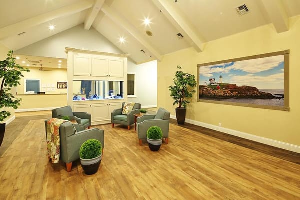 Bright common area with seating and artwork