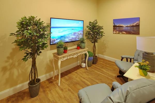 Cozy activity room with a television and plants