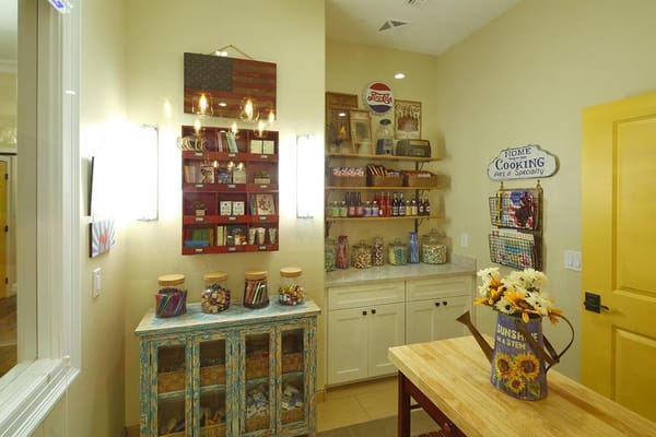 Brightly lit interior of a communal kitchen area