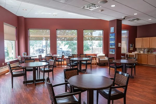 Common area with seating and large windows