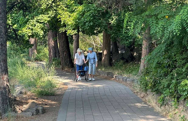 Residents walking along a paved path in nature
