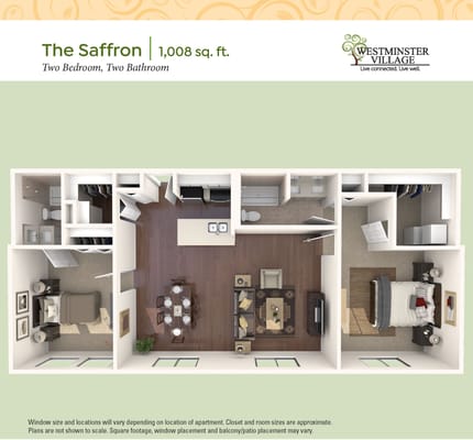 Architectural floor plan of a two-bedroom apartment