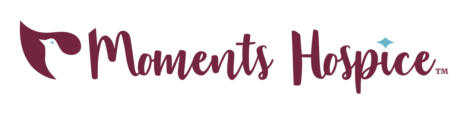 Moments Hospice logo in maroon and teal