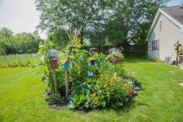 A vibrant garden with flowers and birdhouses