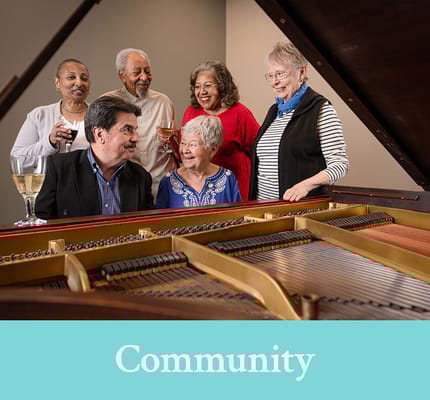 Residents enjoying music and socializing in a vibrant room