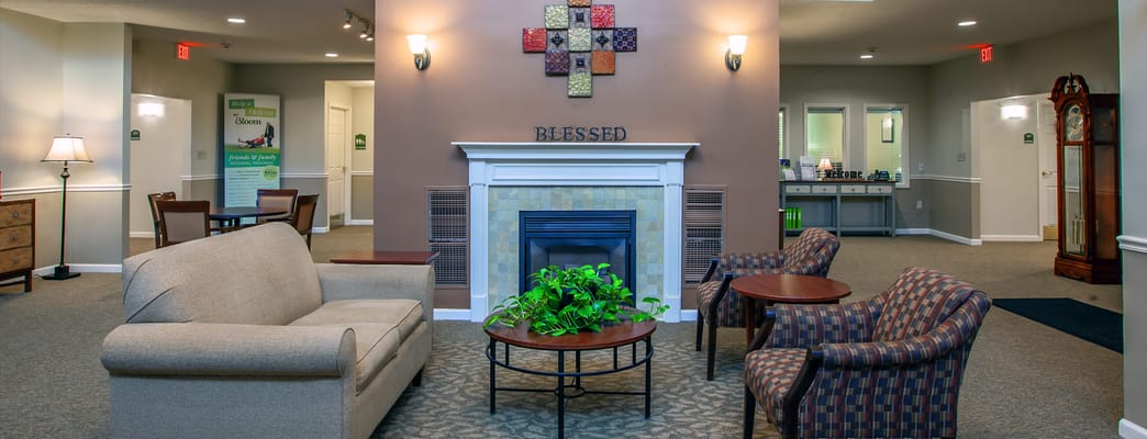Cozy common area with seating and fireplace