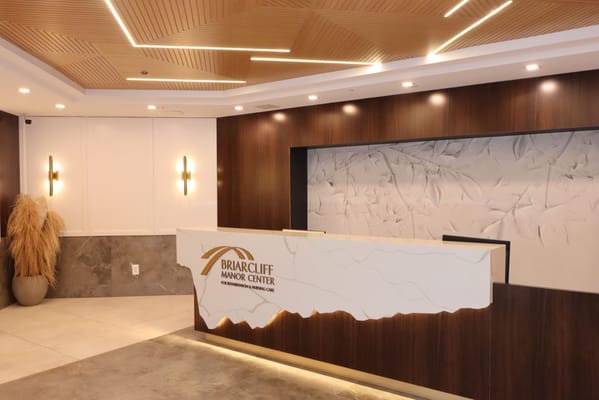 Contemporary reception area with wooden accents