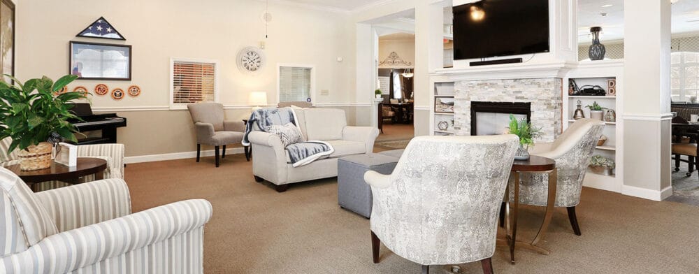 Bright common area with seating and decor