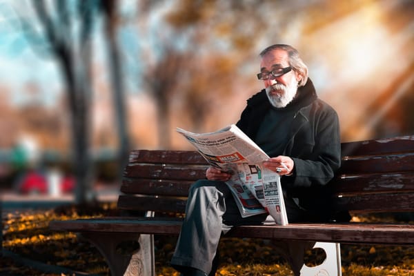 An older man reading a newspaper in a park