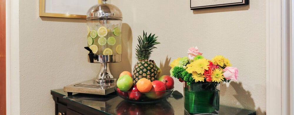 Bright interior decor with fruit and flowers