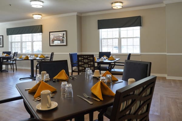 Dining area set for a meal service