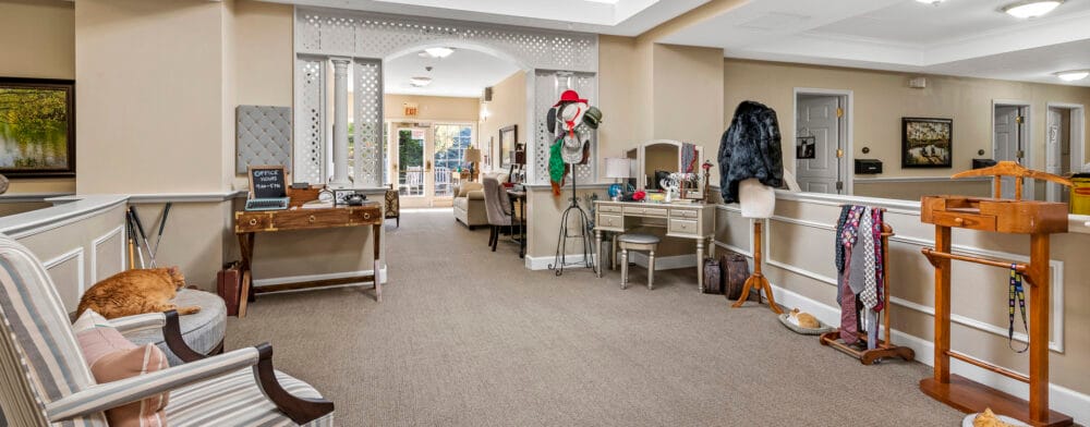 Interior view of a communal area with a cozy seating arrangement