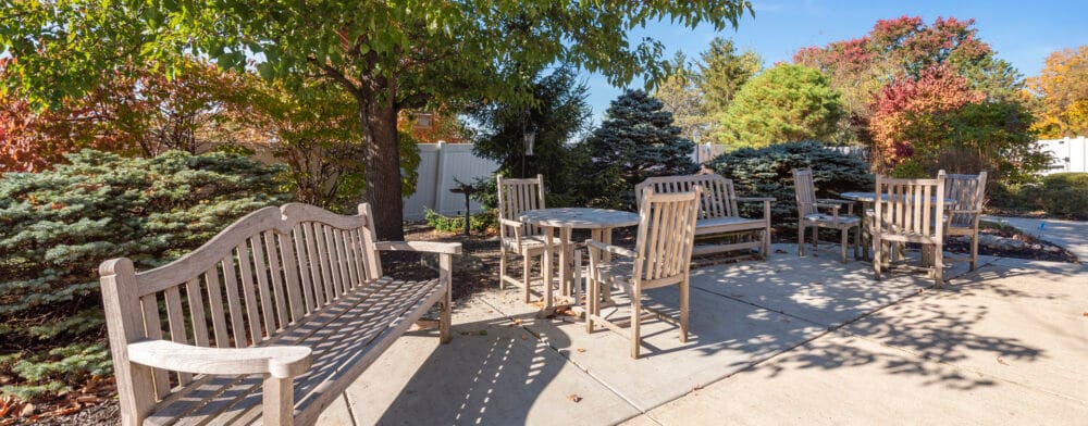 Outdoor seating area with benches in a garden setting