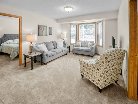 Bright and welcoming common area with seating