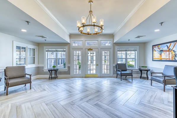 Bright lobby area with seating and natural light