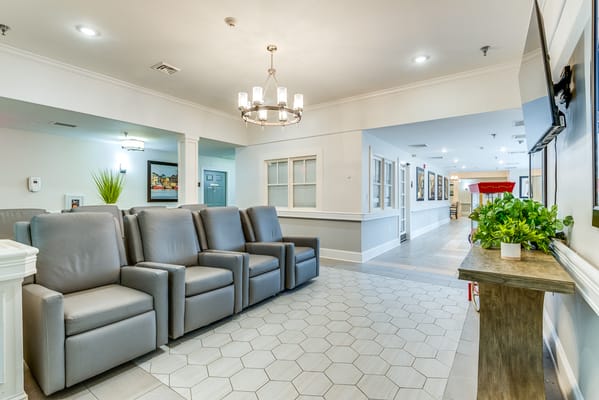 Interior view of a common area with seating