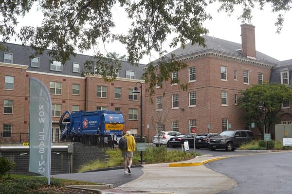 Entrance of a nursing home facility on a rainy day