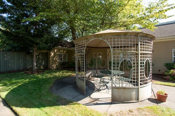 Outdoor gazebo in a landscaped area
