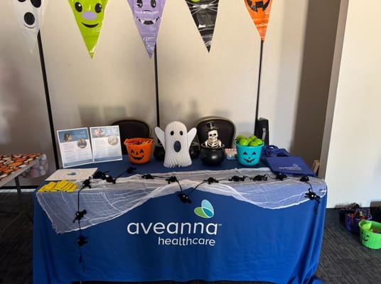 Halloween-themed decorations and activity table