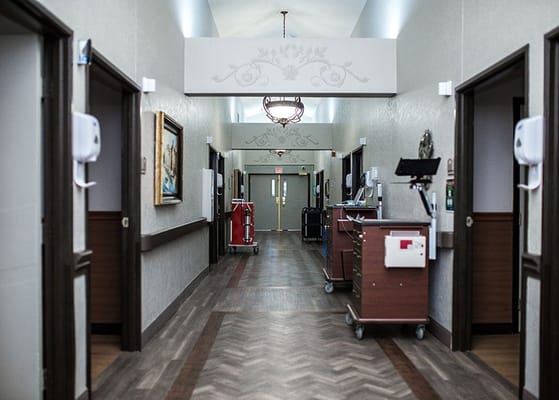 Well-lit corridor in a senior care facility