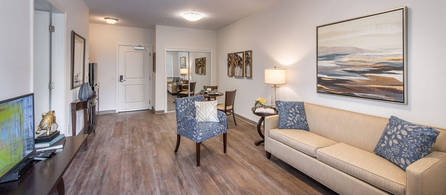 Bright and inviting living room area in senior facility