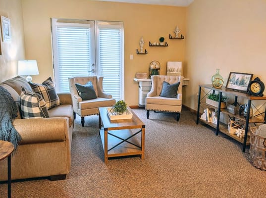 Comfortable living room with sofas and decorative elements