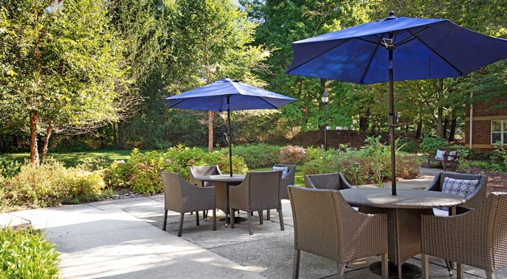 Outdoor seating area with umbrellas and greenery