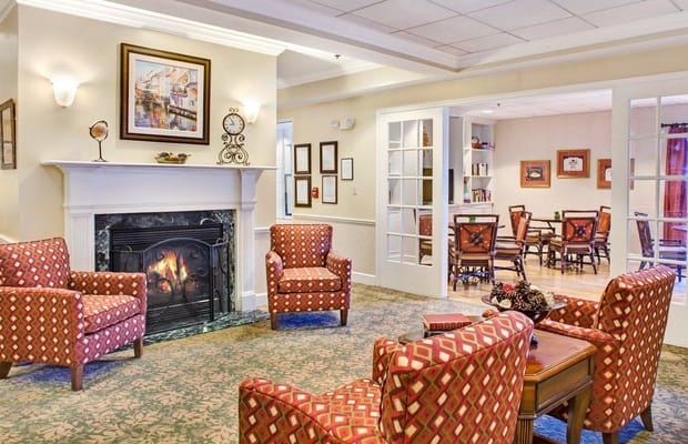Cozy common area with seating and fireplace