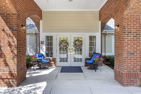 Entrance of Brookdale Wilmington with welcoming decorations