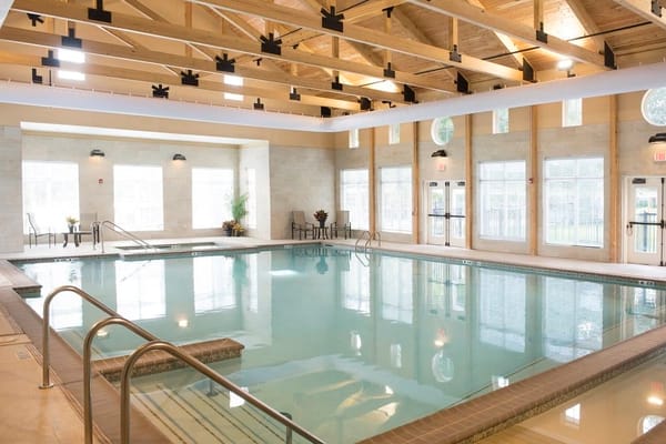 Indoor swimming pool with large windows and wooden beams