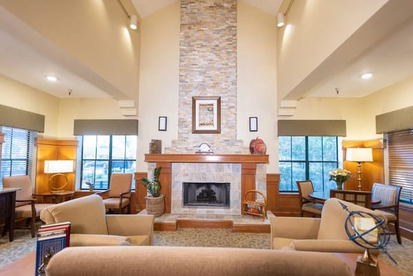 Cozy common area with fireplace and seating