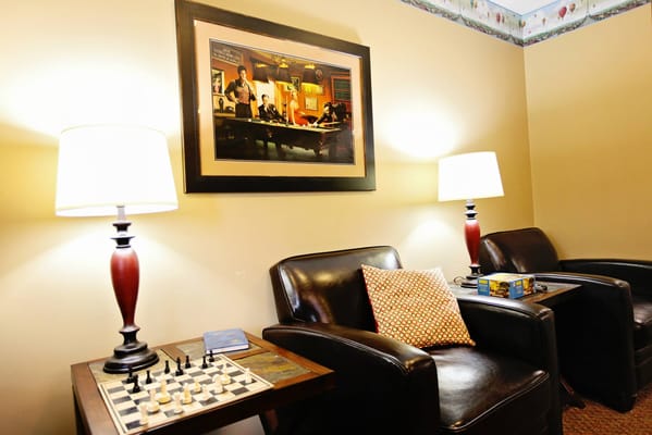 Cozy lounge area with chess and seating