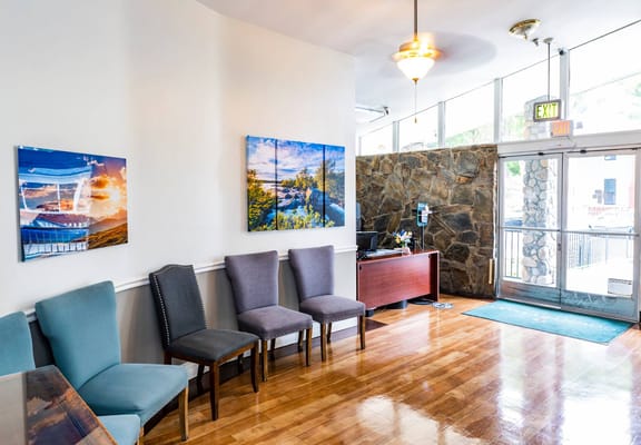 Welcoming lobby with seating and artwork