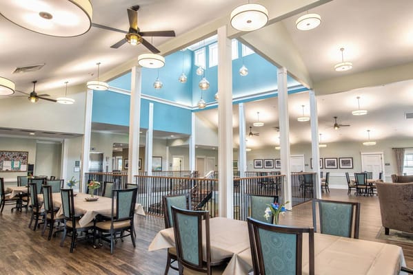 Bright dining area with tables and decor