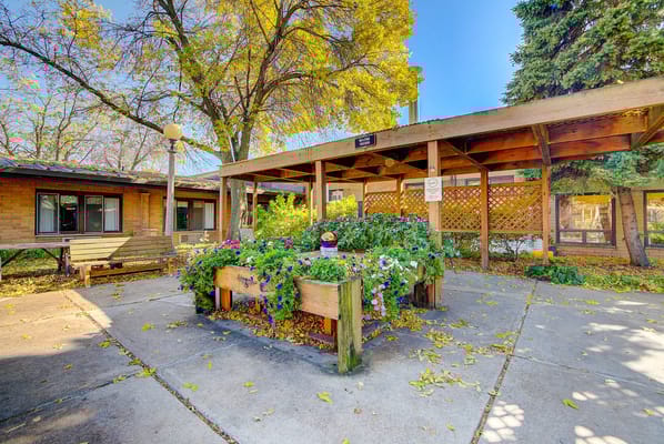 Outdoor space with colorful flowers and seating area
