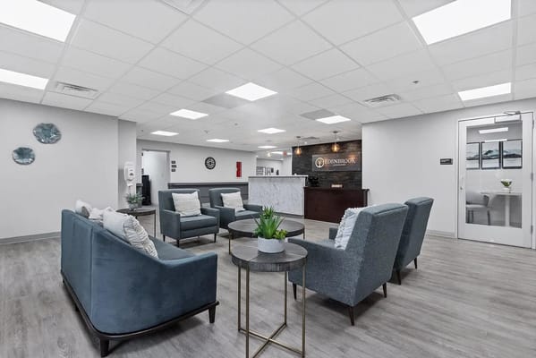 Bright interior lounge area with modern furniture