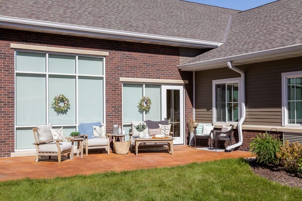 Outdoor patio area with seating and decorations
