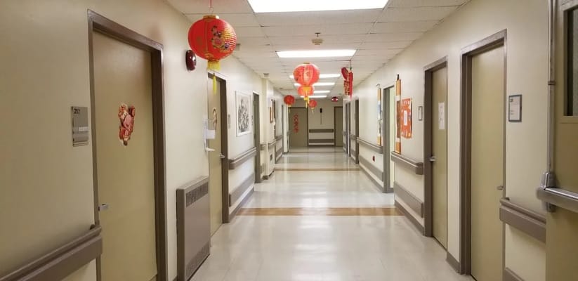 Hallway decorated with lanterns and greetings