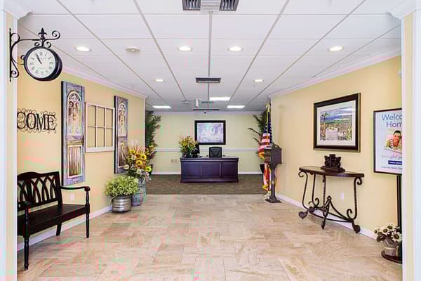 Bright lobby area with seating and decor