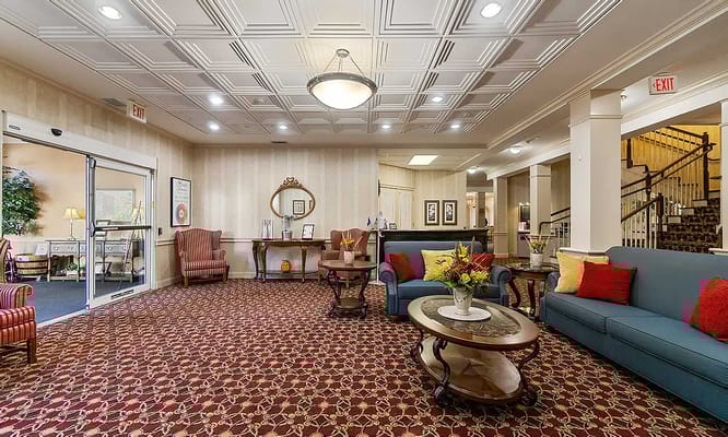 Interior view of a comfortable common area with seating