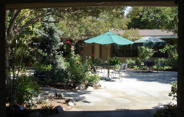 Garden courtyard with seating and umbrellas