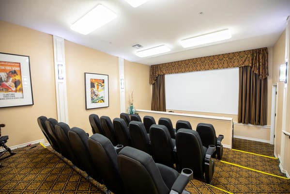 Interior view of a small theater room with reclined seating