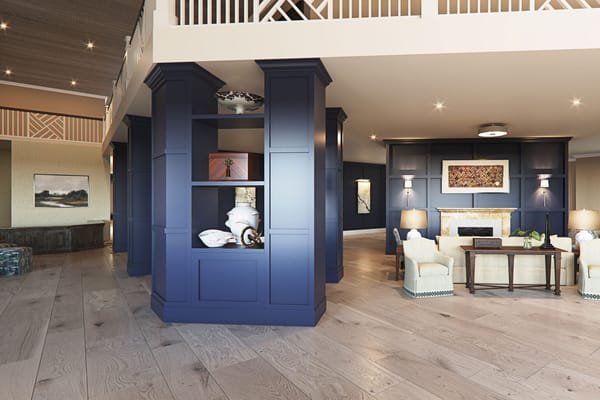 Living room with decorative shelves and comfortable seating