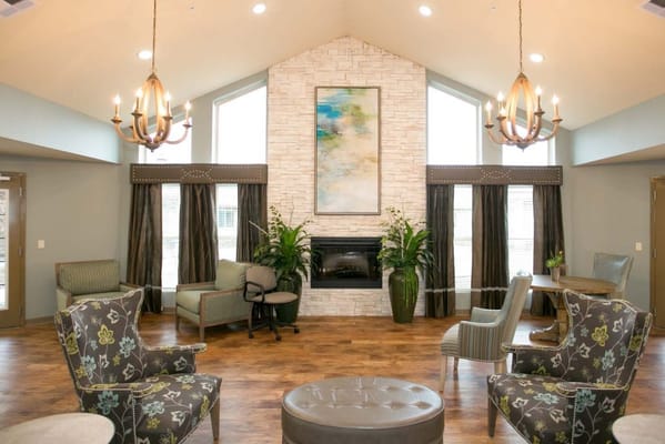 Bright common area with comfortable seating and decor