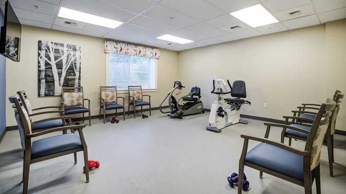 Exercise equipment and seating area in the fitness room