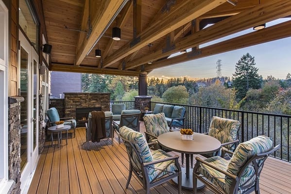 Outdoor patio area with seating and serene views