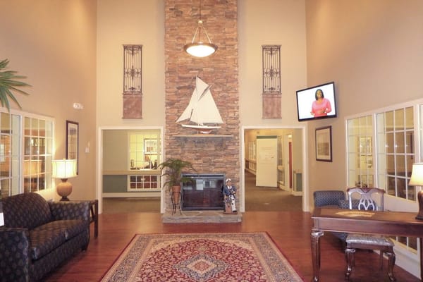 Interior view of a cozy common area with seating