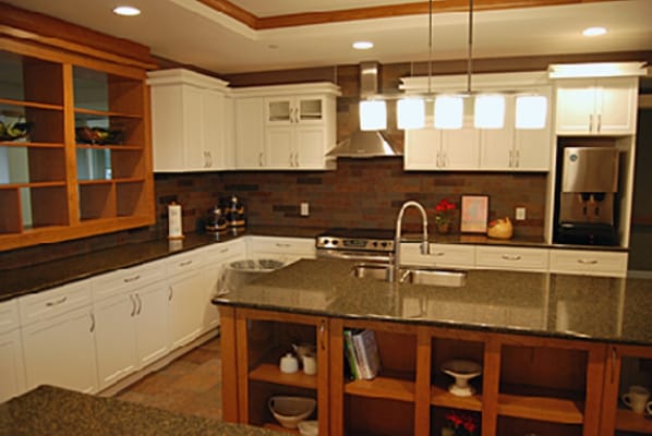 A spacious kitchen with modern appliances and a large island